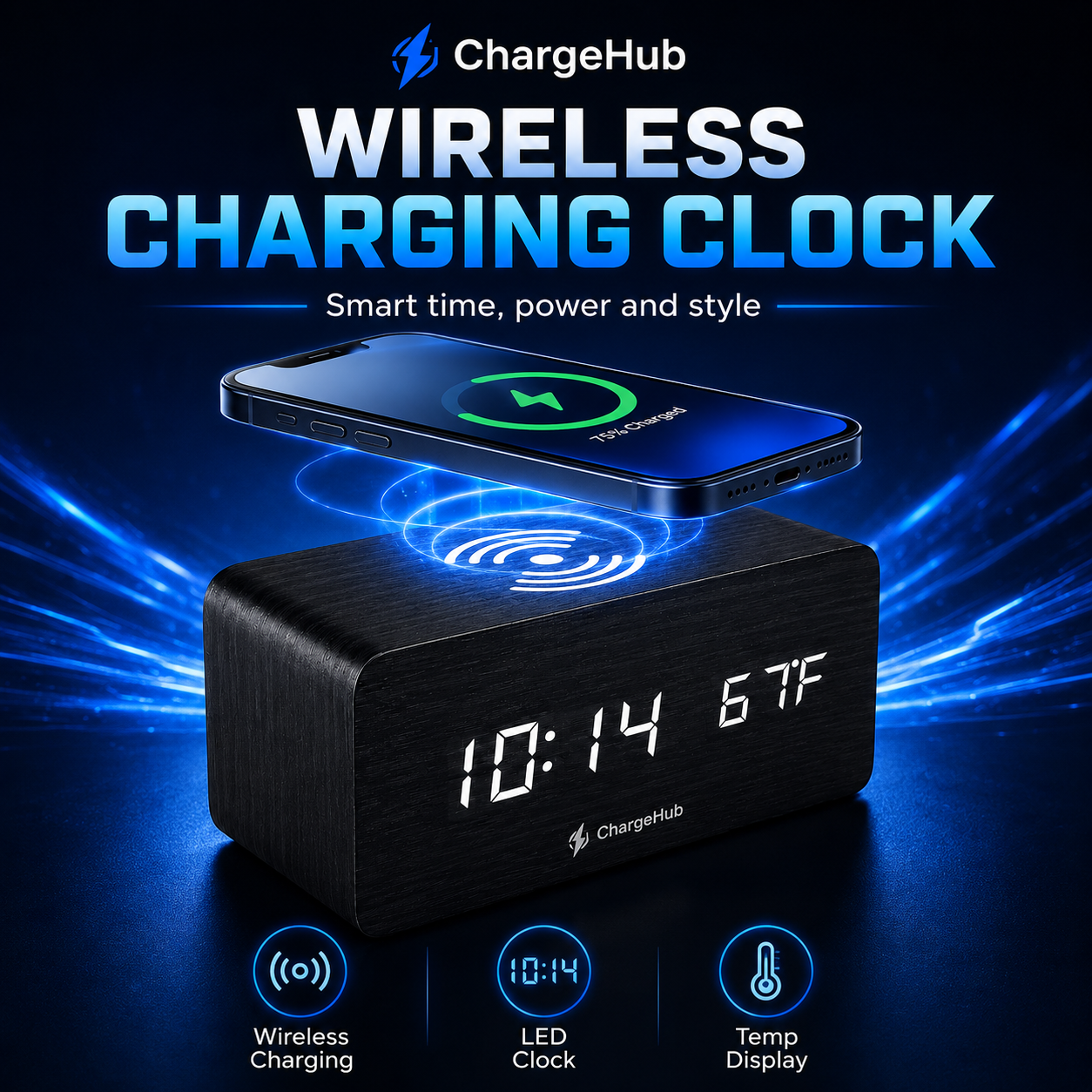 ChargeHub minimalist alarm clock wireless charger with temperature display, view 7