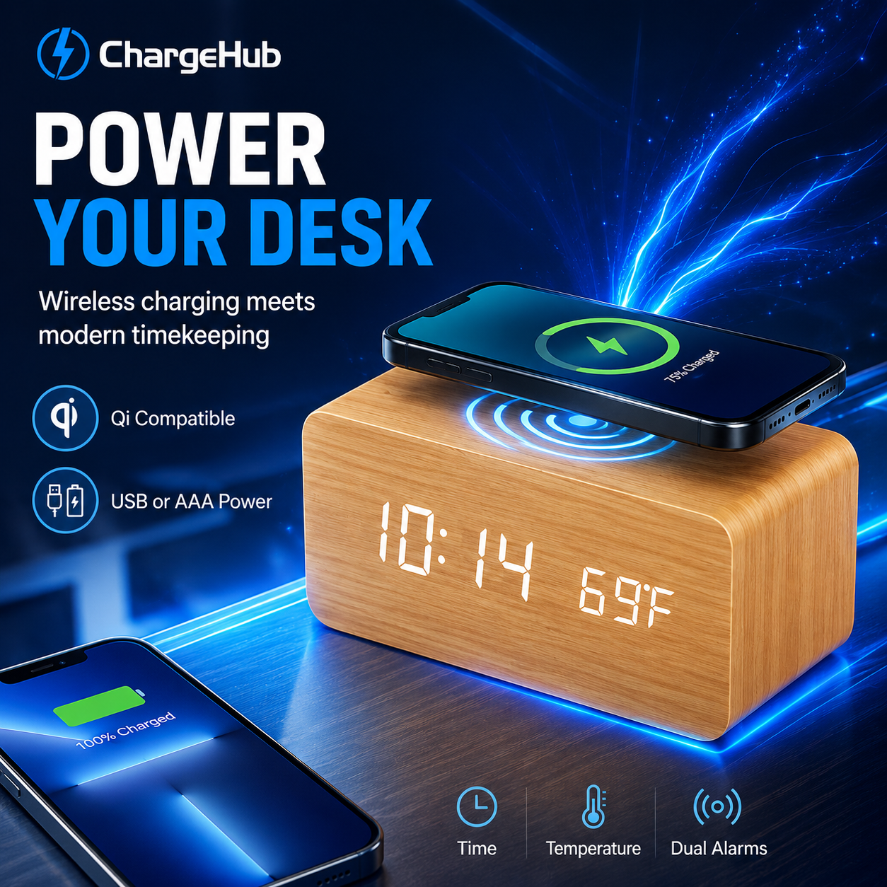 ChargeHub minimalist alarm clock wireless charger with temperature display, view 8