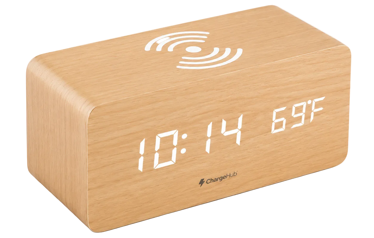 ChargeHub minimalist alarm clock wireless charger with temperature display