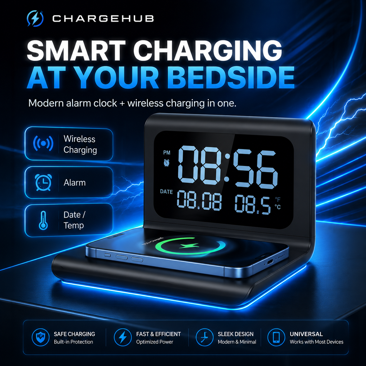 ChargeHub multifunction wireless charger with time and temperature display, view 2