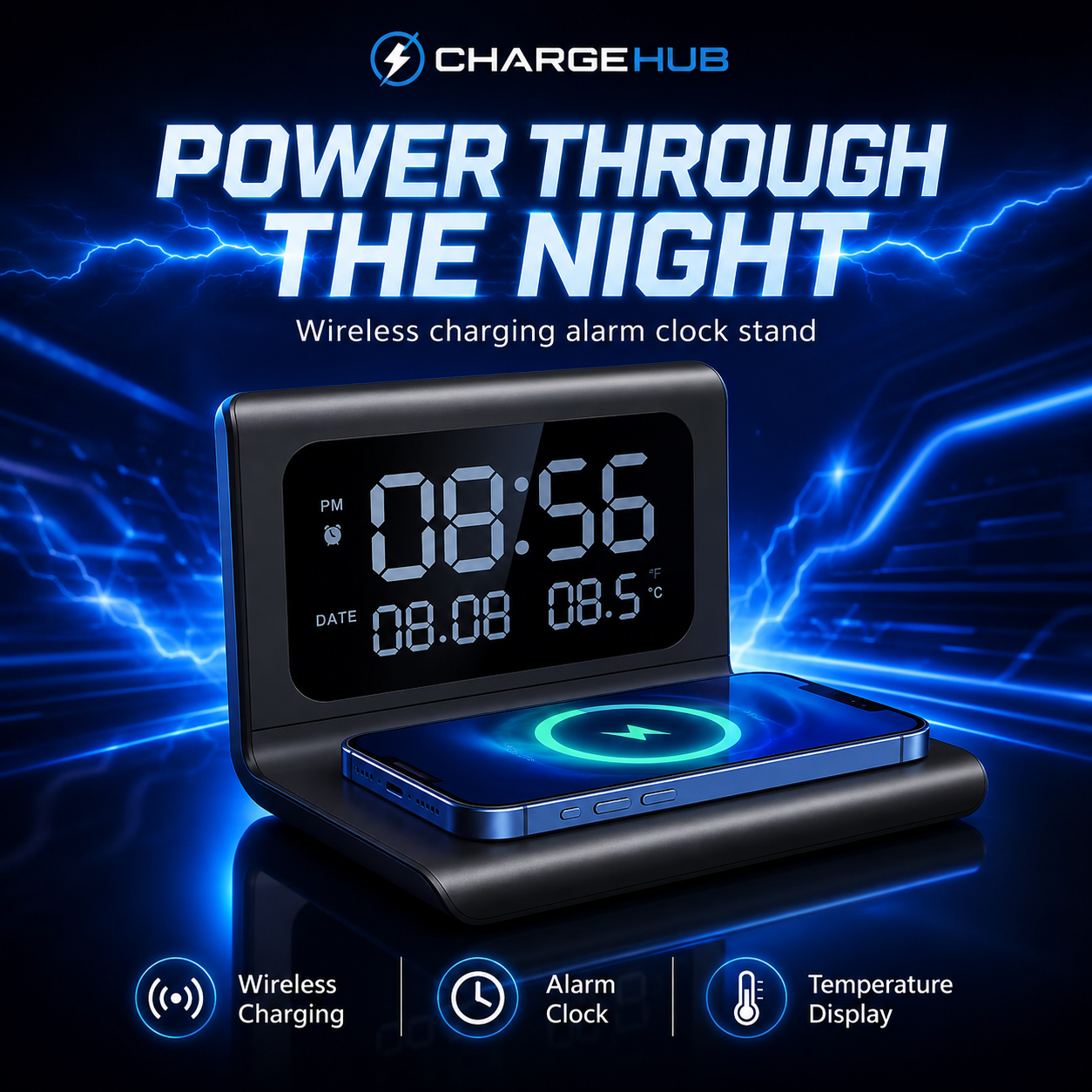 ChargeHub multifunction wireless charger with time and temperature display, view 3