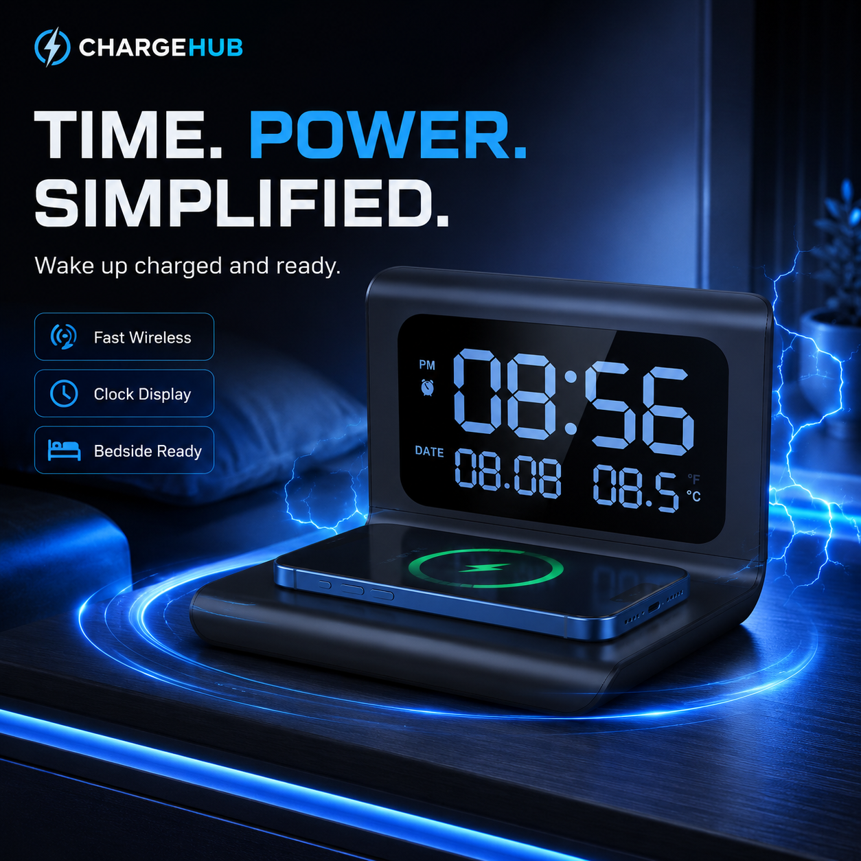 ChargeHub multifunction wireless charger with time and temperature display, view 4