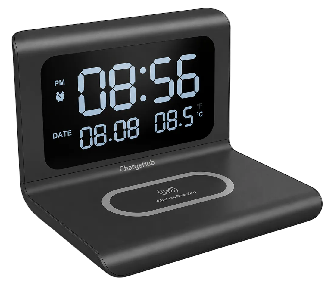 ChargeHub multifunction wireless charger with time and temperature display