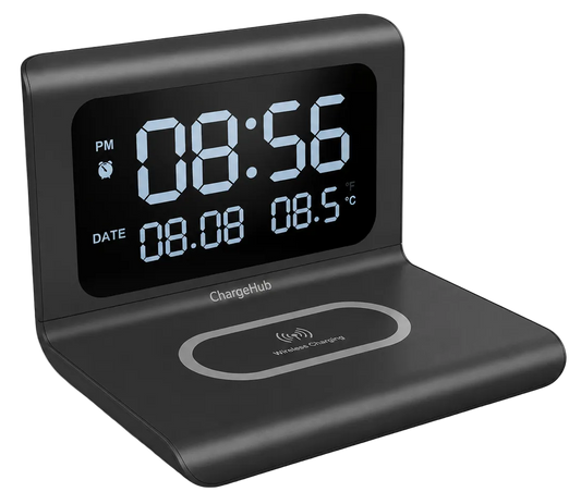 ChargeHub multifunction wireless charger with time and temperature display
