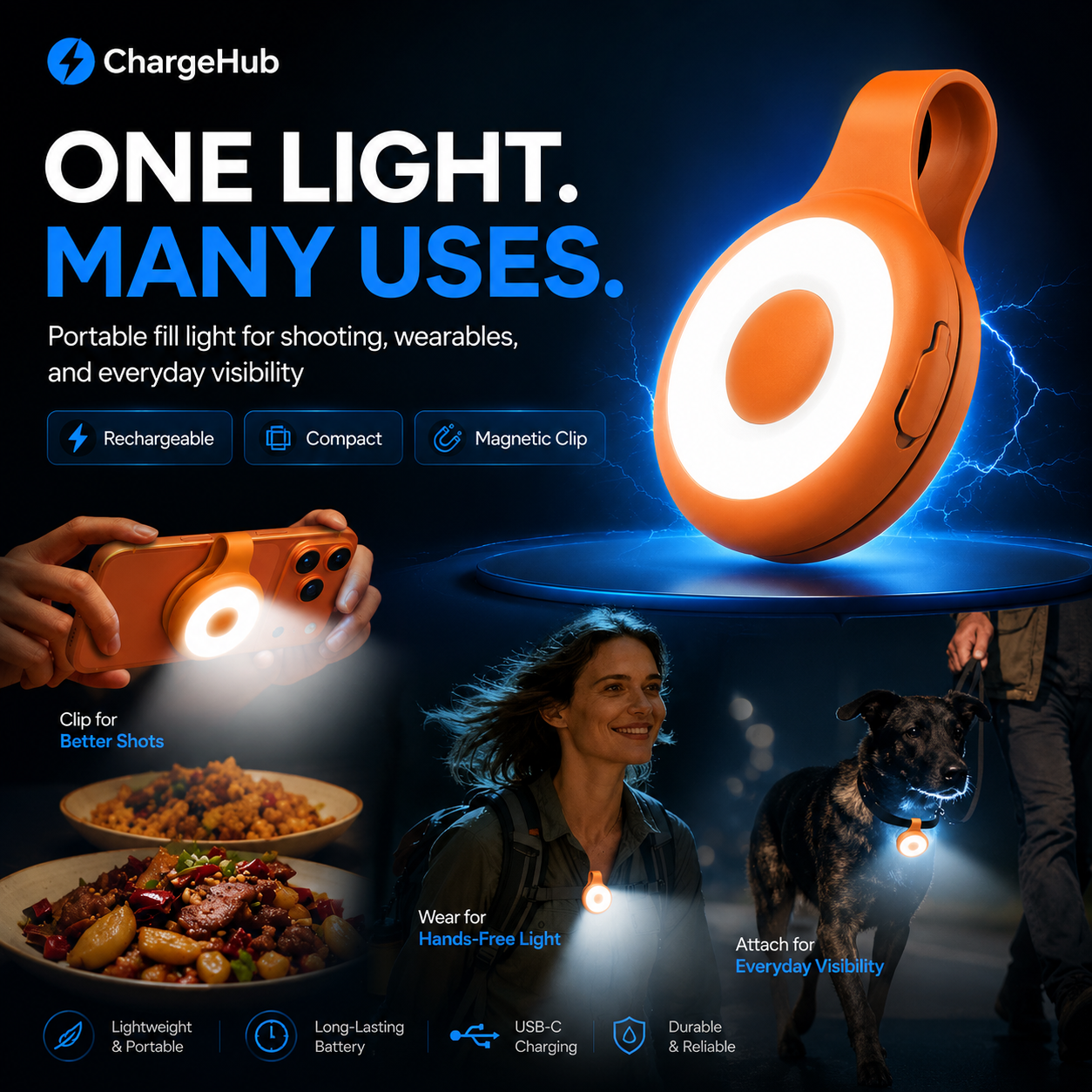 ChargeHub portable mini magnetic fill light with five brightness and colour modes, view 3