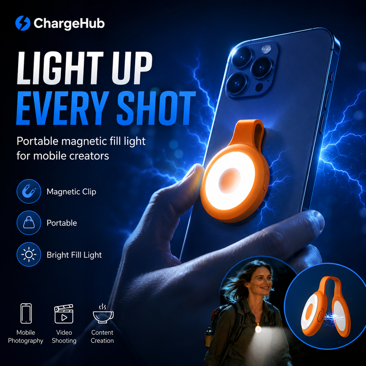 ChargeHub portable mini magnetic fill light with five brightness and colour modes, view 4