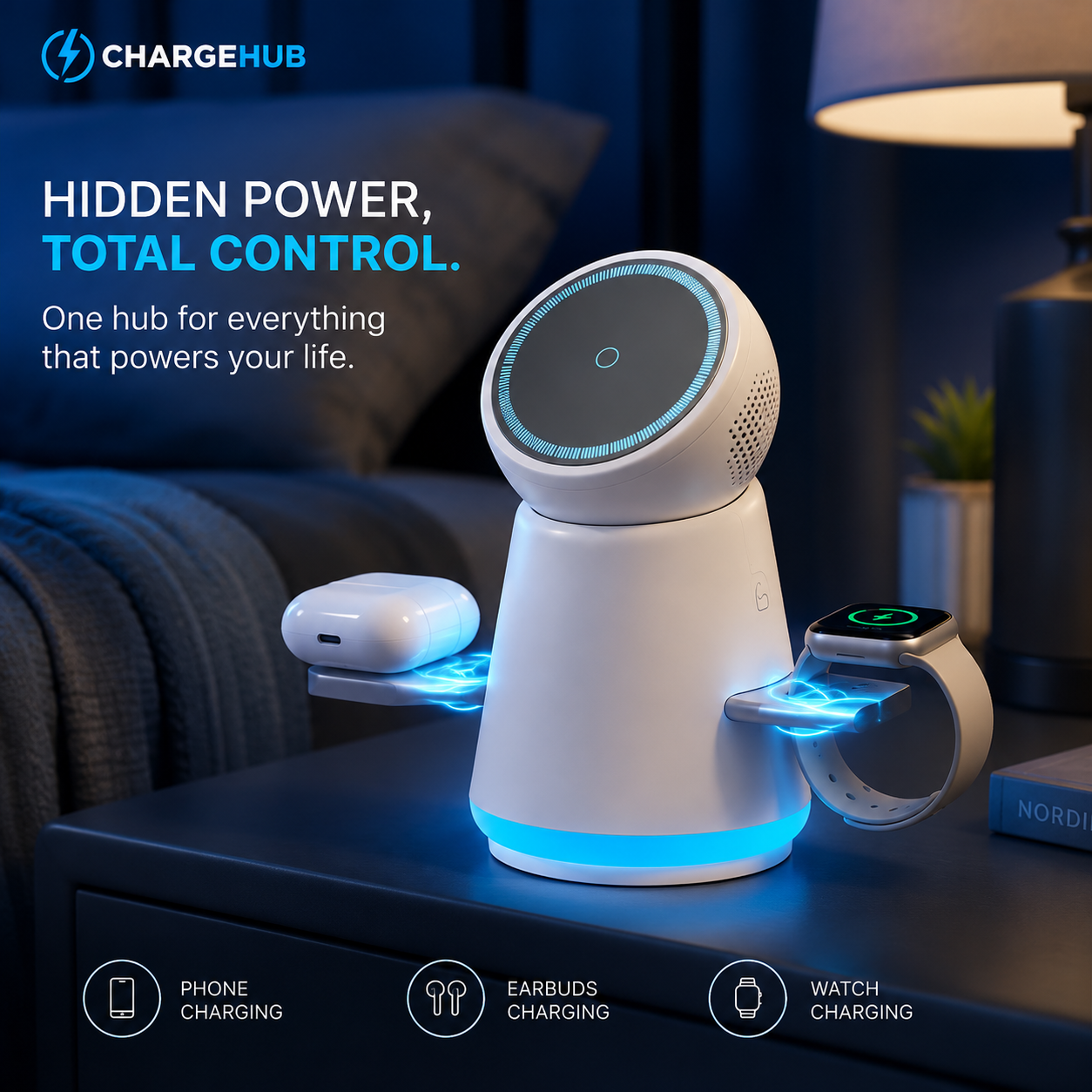 ChargeHub Qi2 15W 4-in-1 magnetic wireless charging station for phone, watch and earbuds, view 2