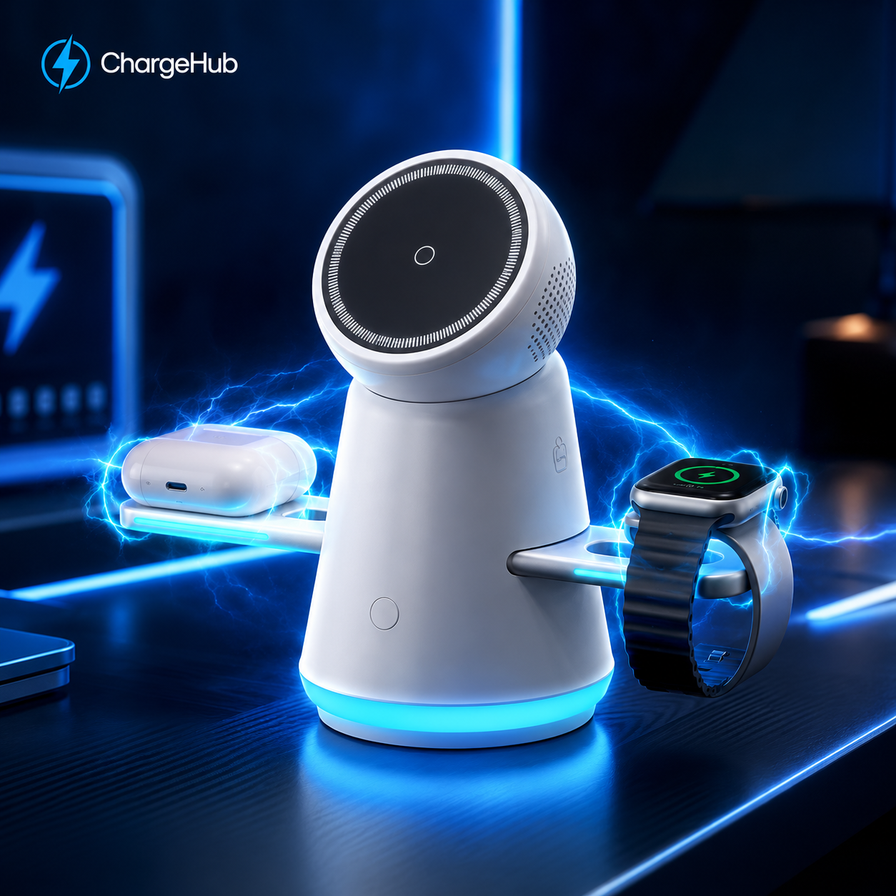 ChargeHub Qi2 15W 4-in-1 magnetic wireless charging station for phone, watch and earbuds, view 3