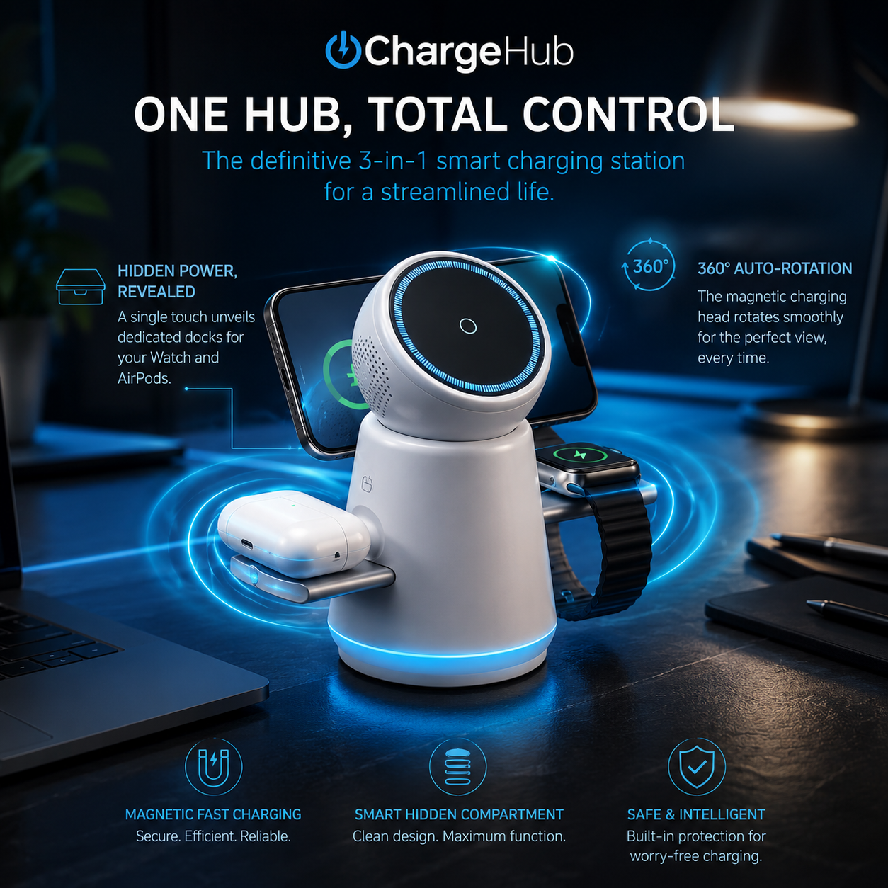 ChargeHub Qi2 15W 4-in-1 magnetic wireless charging station for phone, watch and earbuds, view 4