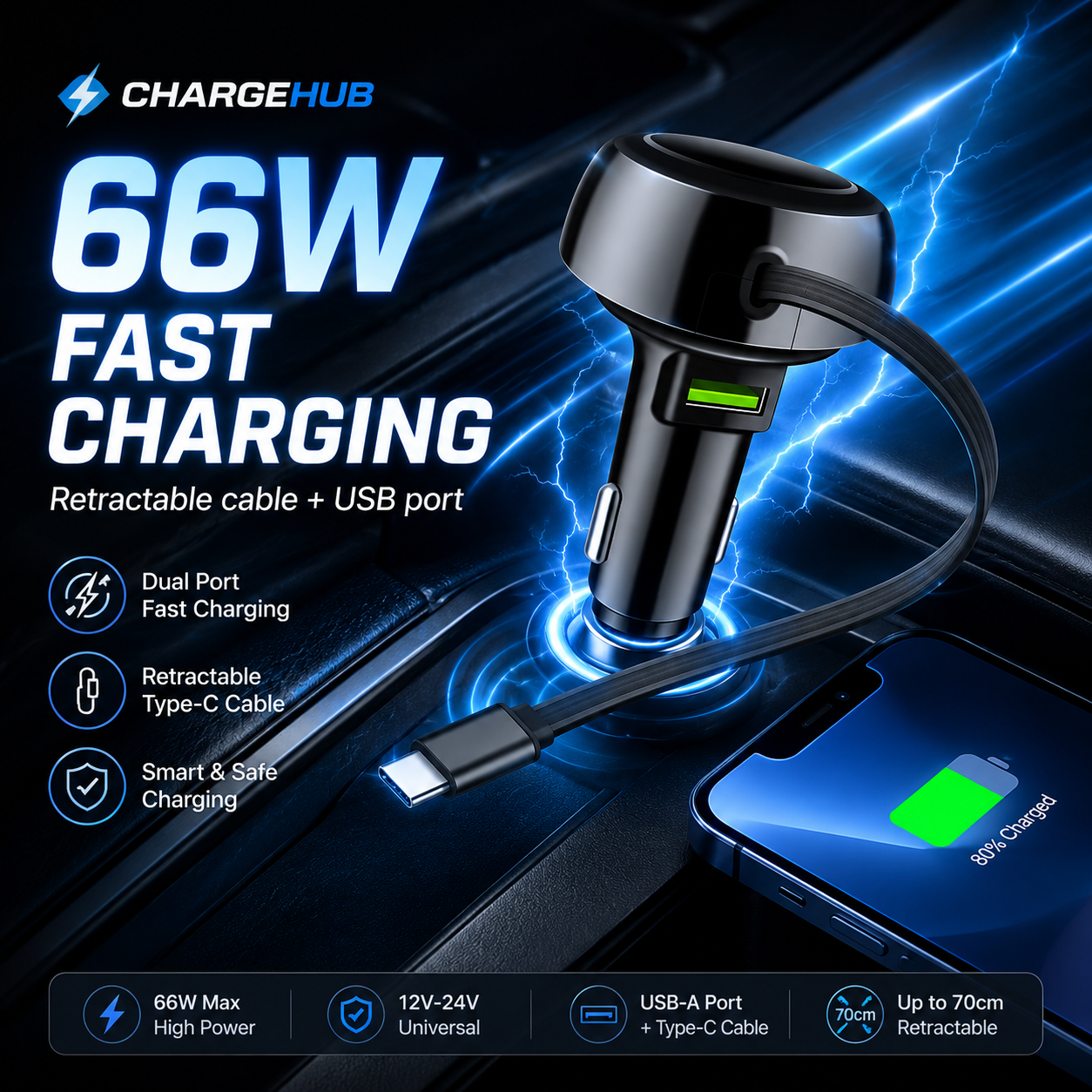 ChargeHub telescopic cable car charger with retractable USB-C cable and spare USB port, view 2