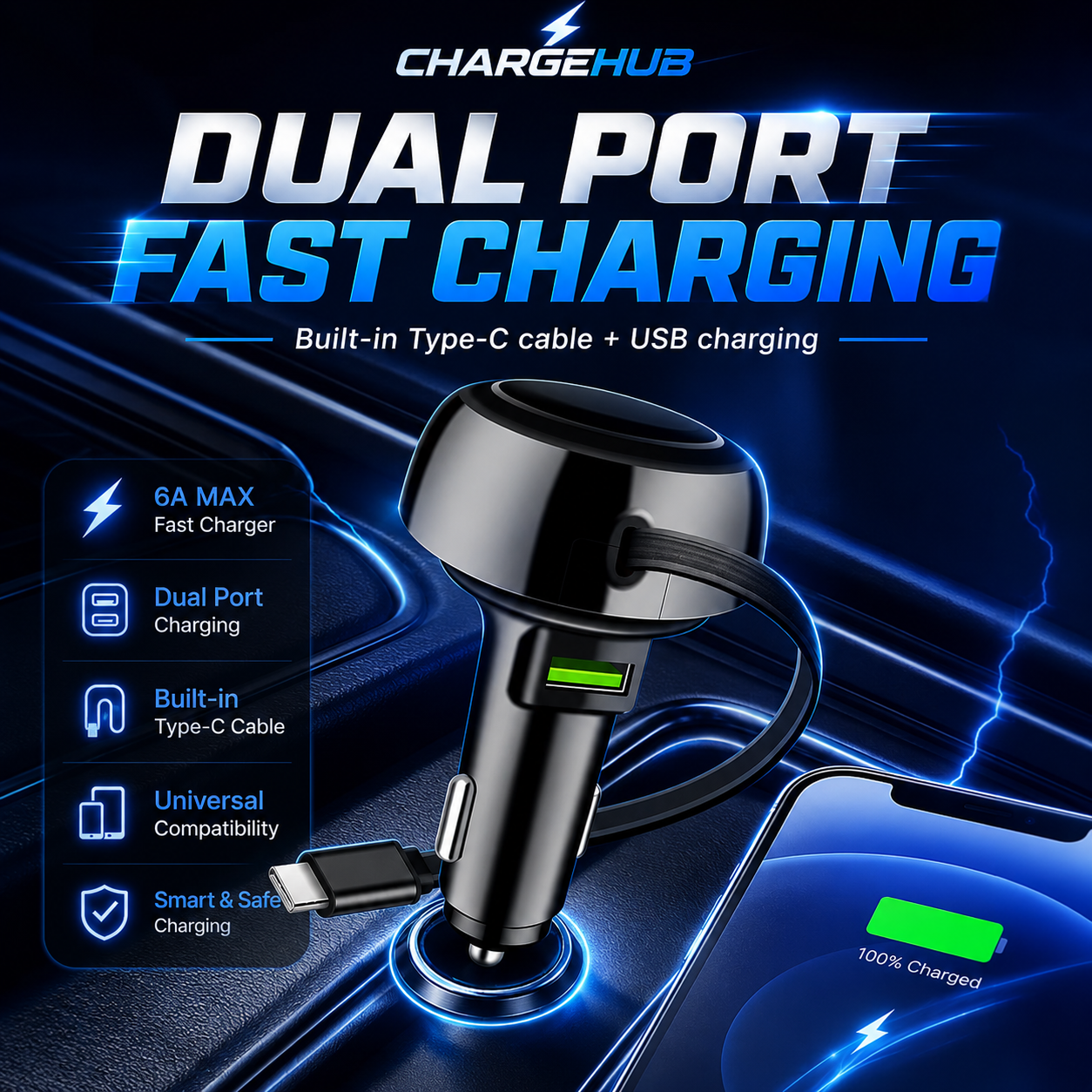 ChargeHub telescopic cable car charger with retractable USB-C cable and spare USB port, view 3