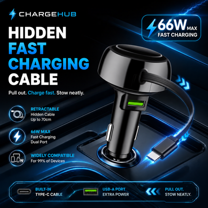 ChargeHub telescopic cable car charger with retractable USB-C cable and spare USB port, view 4