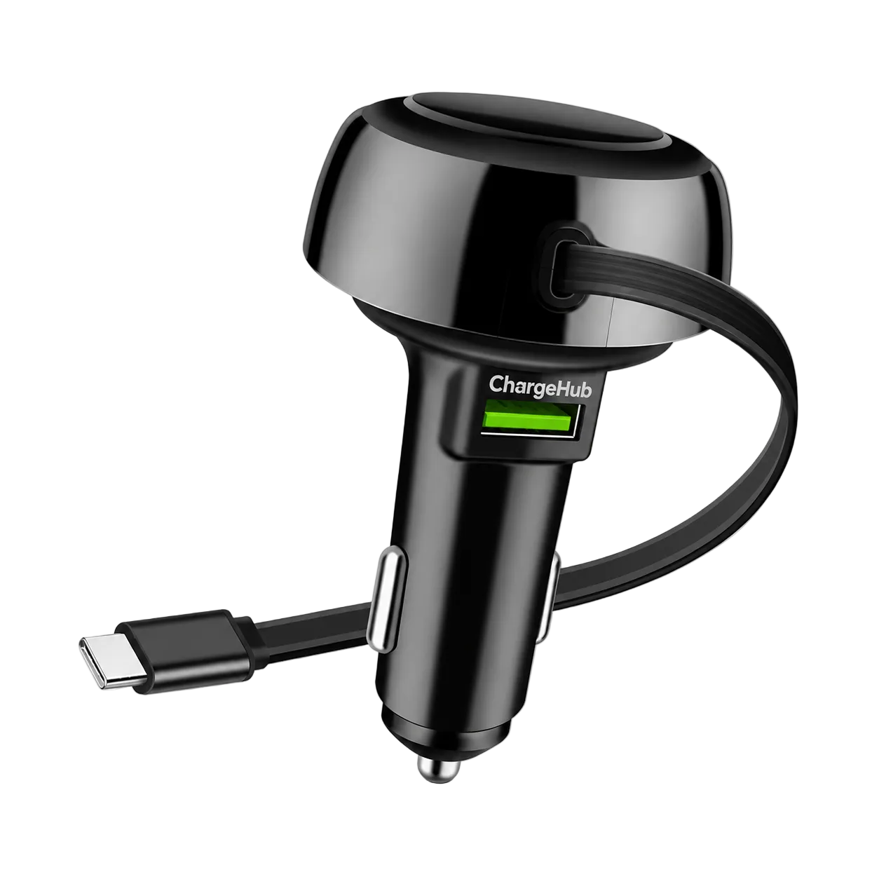 ChargeHub telescopic cable car charger with retractable USB-C cable and spare USB port