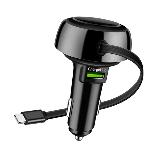 ChargeHub telescopic cable car charger with retractable USB-C cable and spare USB port