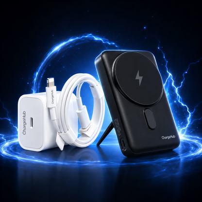 ChargeHub Travel Charging Kit contents - fast charger and magnetic power bank with built-in cables
