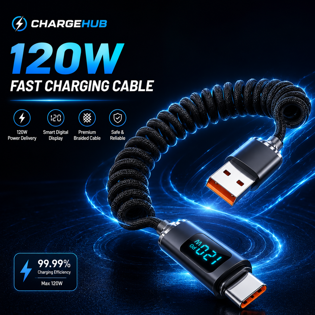 ChargeHub braided USB-A to USB-C fast-charging cable in green, red and black, view 2