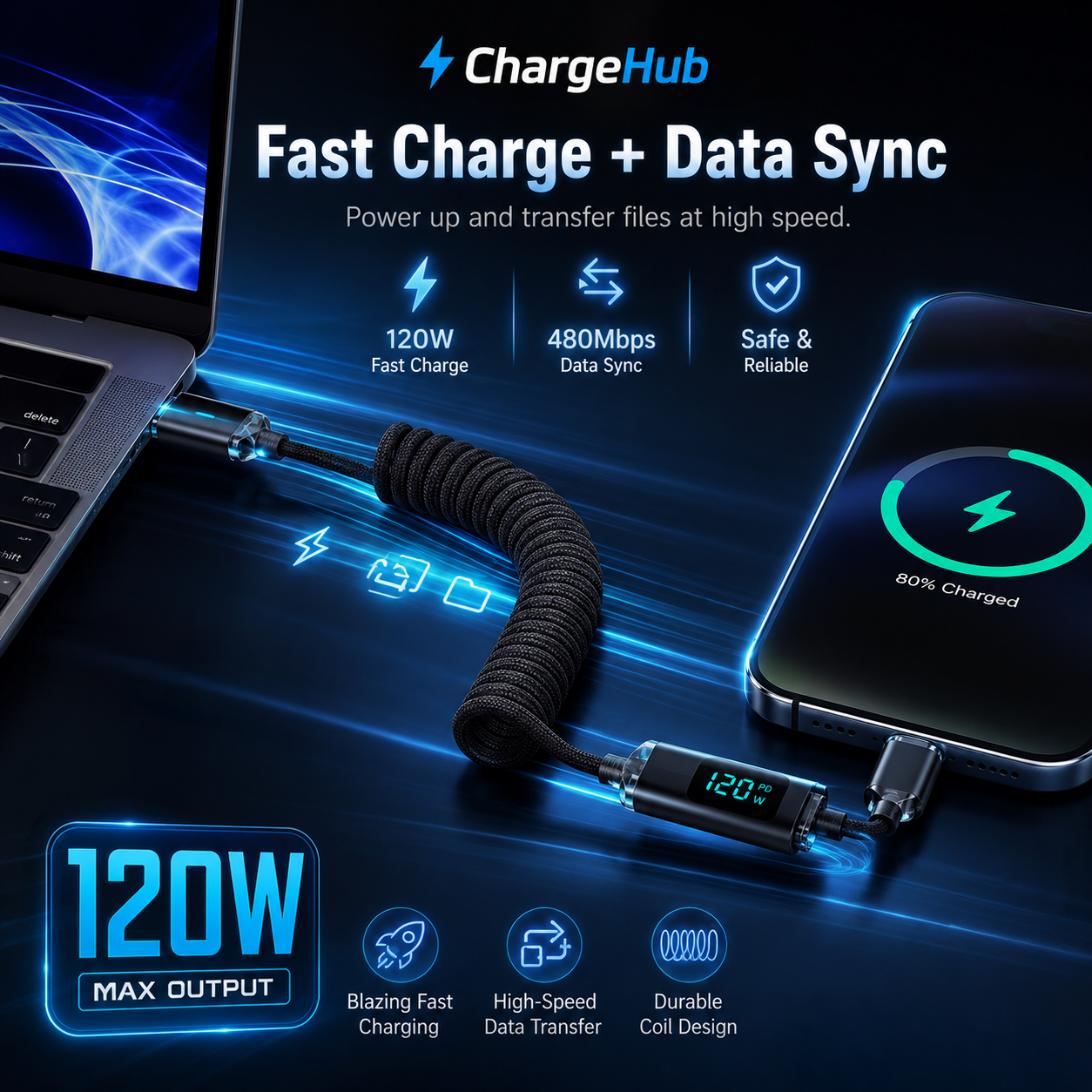 ChargeHub braided USB-A to USB-C fast-charging cable in green, red and black, view 3