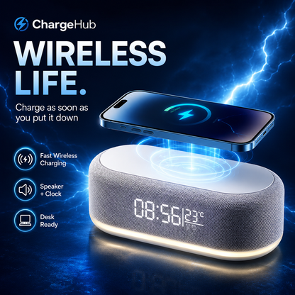 ChargeHub wireless charger alarm clock with night light and temperature display, view 2