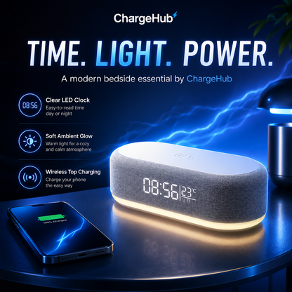 ChargeHub wireless charger alarm clock with night light and temperature display, view 3