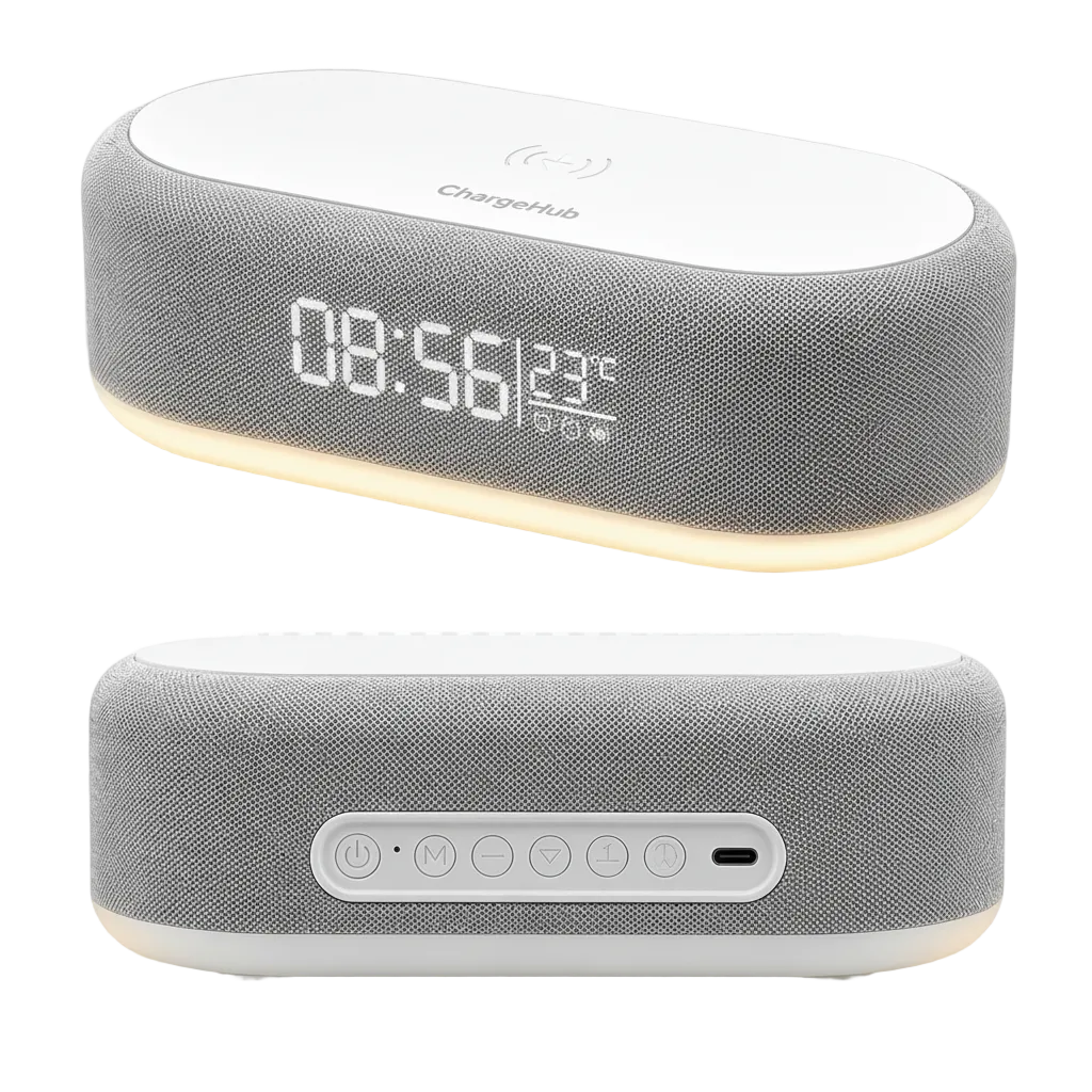 ChargeHub wireless charger alarm clock with night light and temperature display