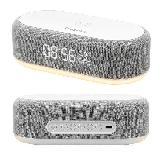 ChargeHub wireless charger alarm clock with night light and temperature display