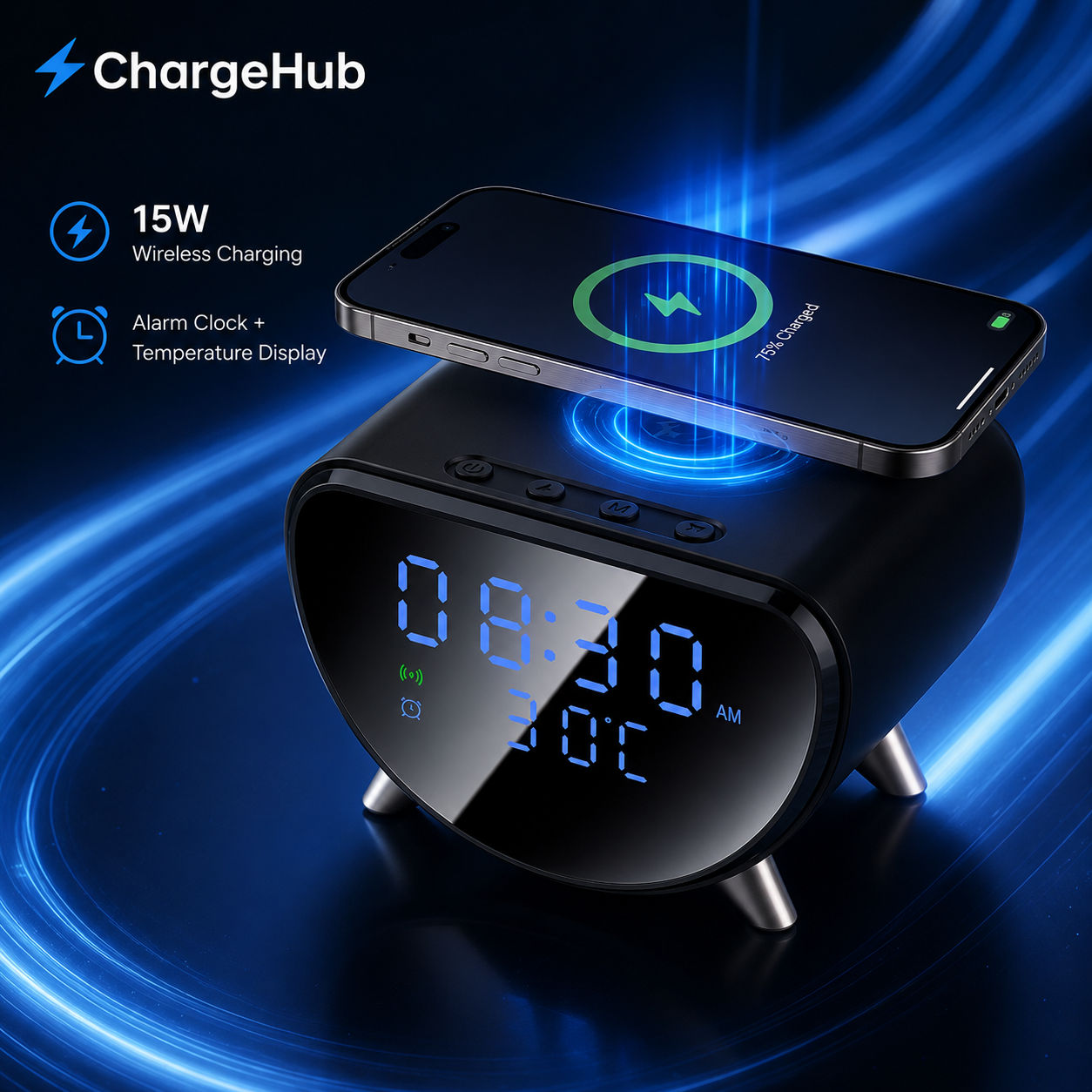 ChargeHub wireless charging station with date, time and temperature display, view 3