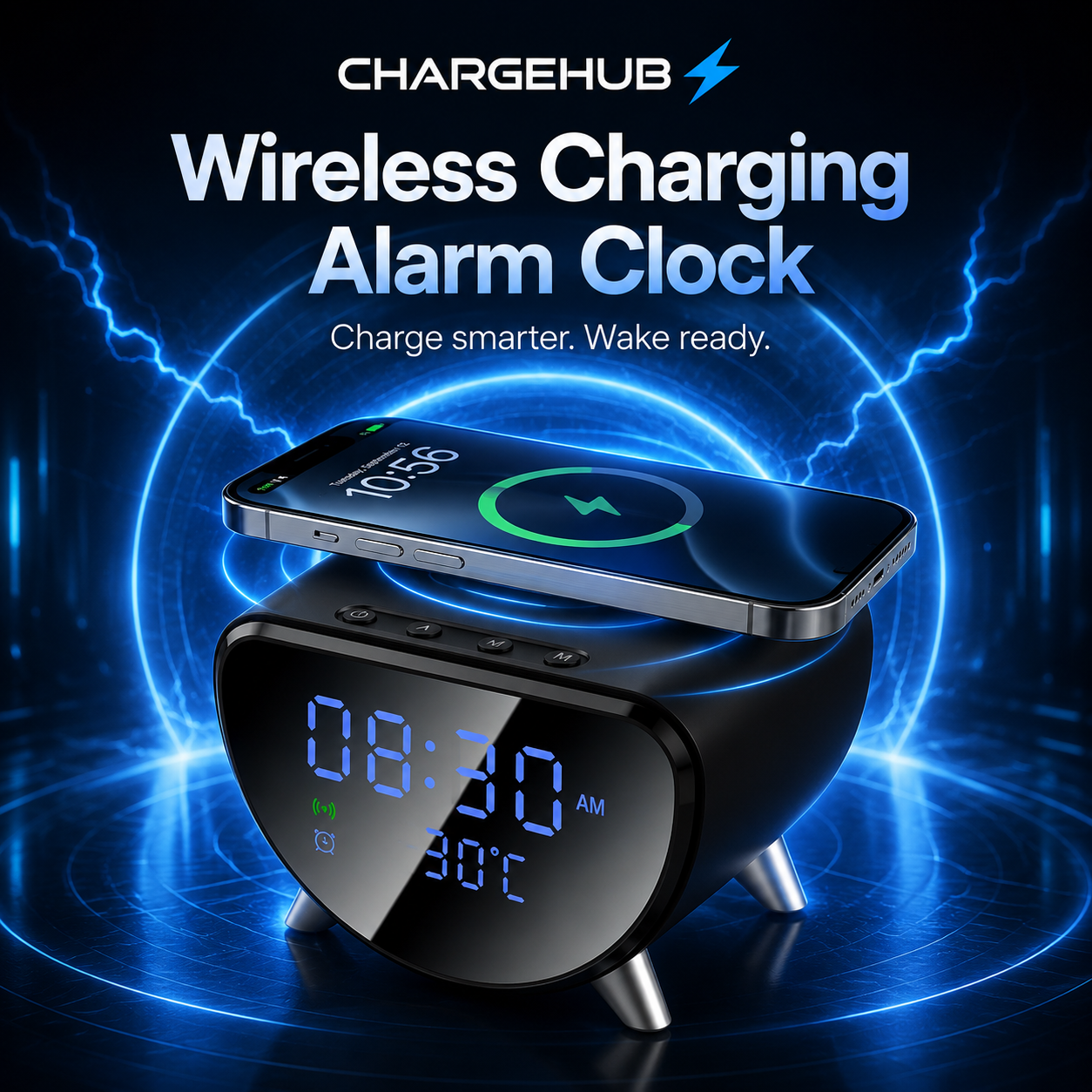 ChargeHub wireless charging station with date, time and temperature display, view 4
