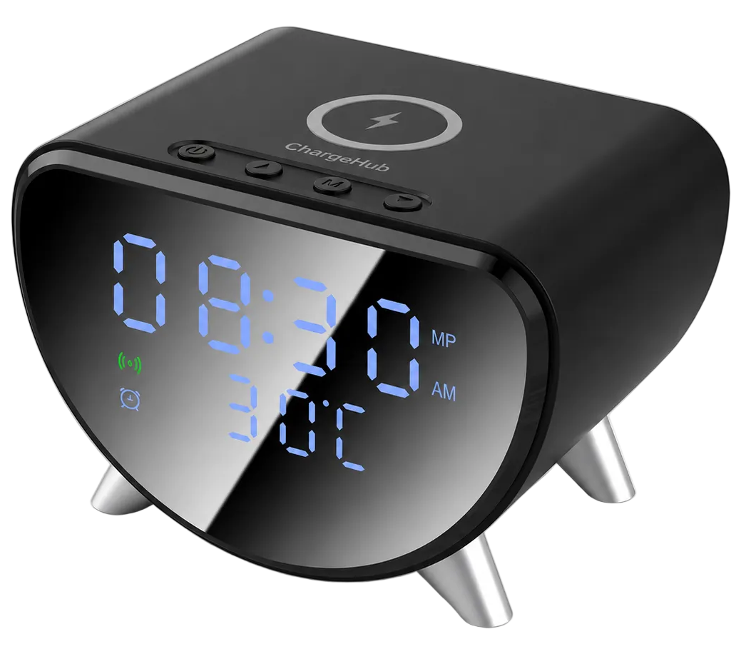 ChargeHub wireless charging station with date, time and temperature display