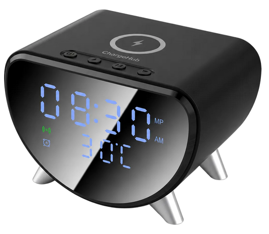 ChargeHub wireless charging station with date, time and temperature display