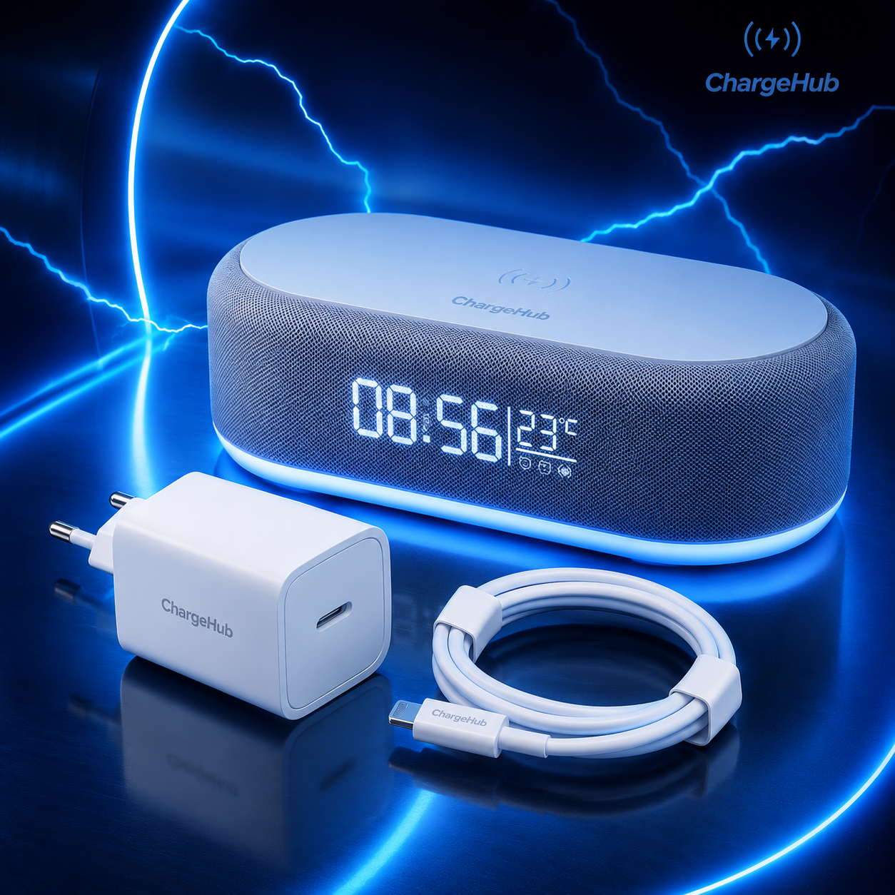 ChargeHub Wireless Nightstand Kit contents - wireless alarm clock charger with 20W wall plug