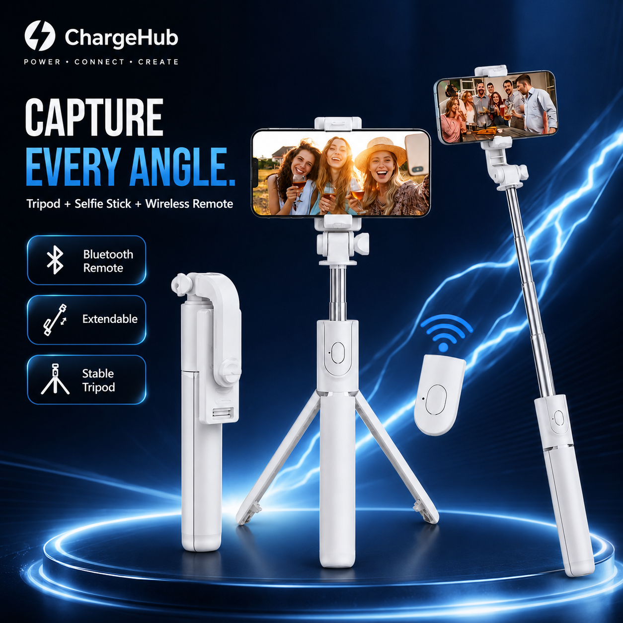 ChargeHub wireless selfie stick with built-in Bluetooth remote and anti-slip grip, view 3
